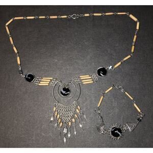 Peruvian Style BOHO Serpentine Stone Bamboo 20”Necklace 7”Bracelet Preowned